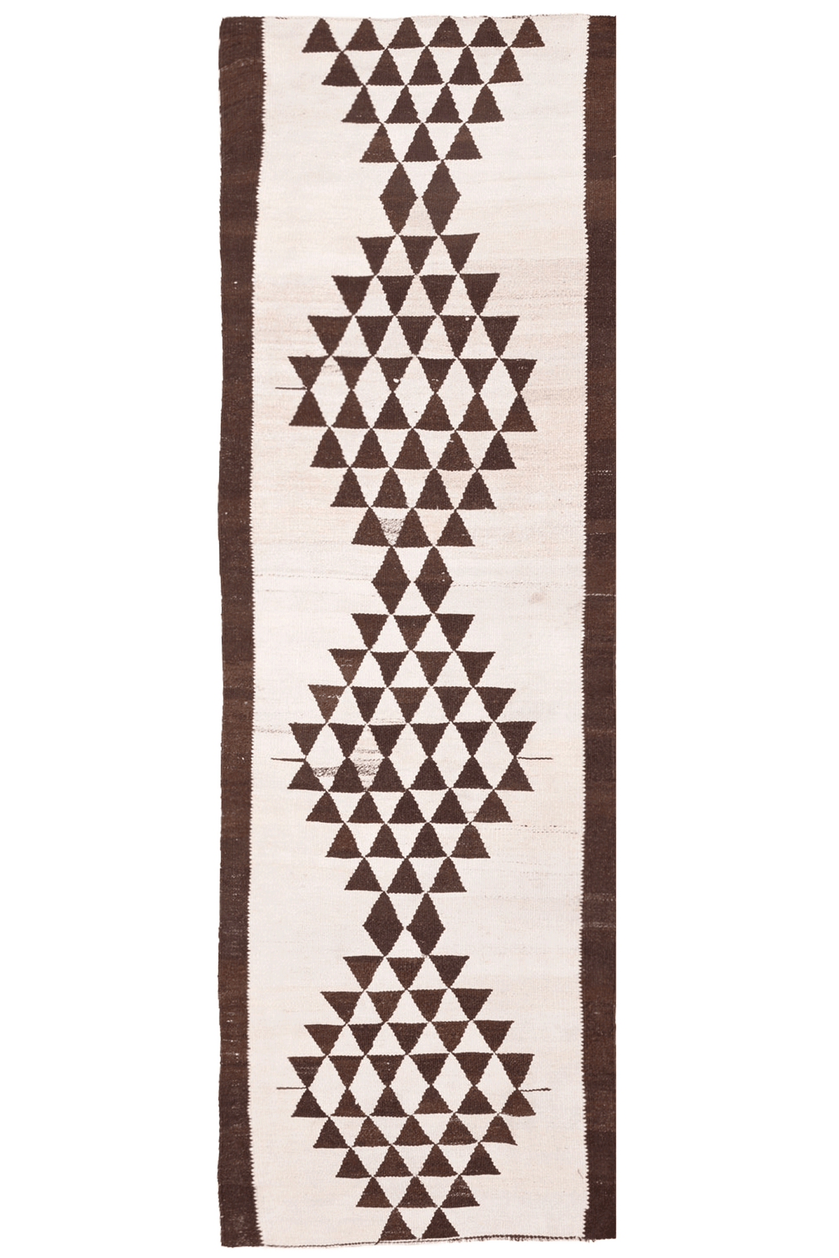 Handmade 3x10 ft white and brown wool-cotton flatweave runner rug with geometric farmhouse patterns.
