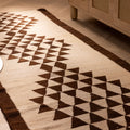 Handmade white and brown geometric wool-cotton runner rug, 3.3 x 10.4 ft farmhouse style flatweave.