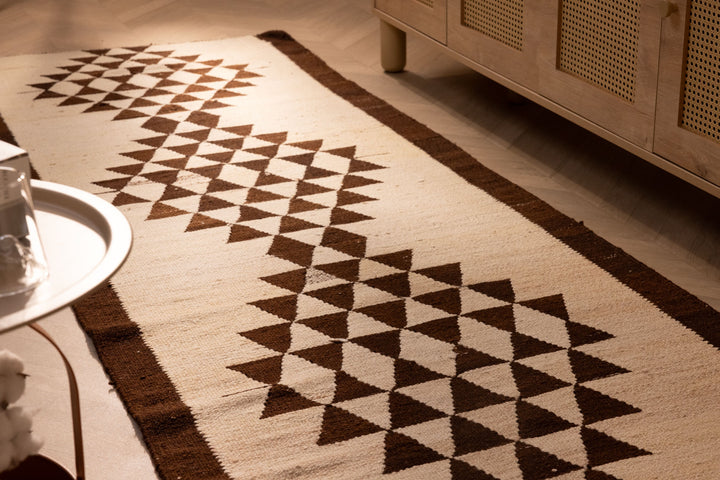 Handmade white and brown geometric wool-cotton runner rug, 3.3 x 10.4 ft farmhouse style flatweave.