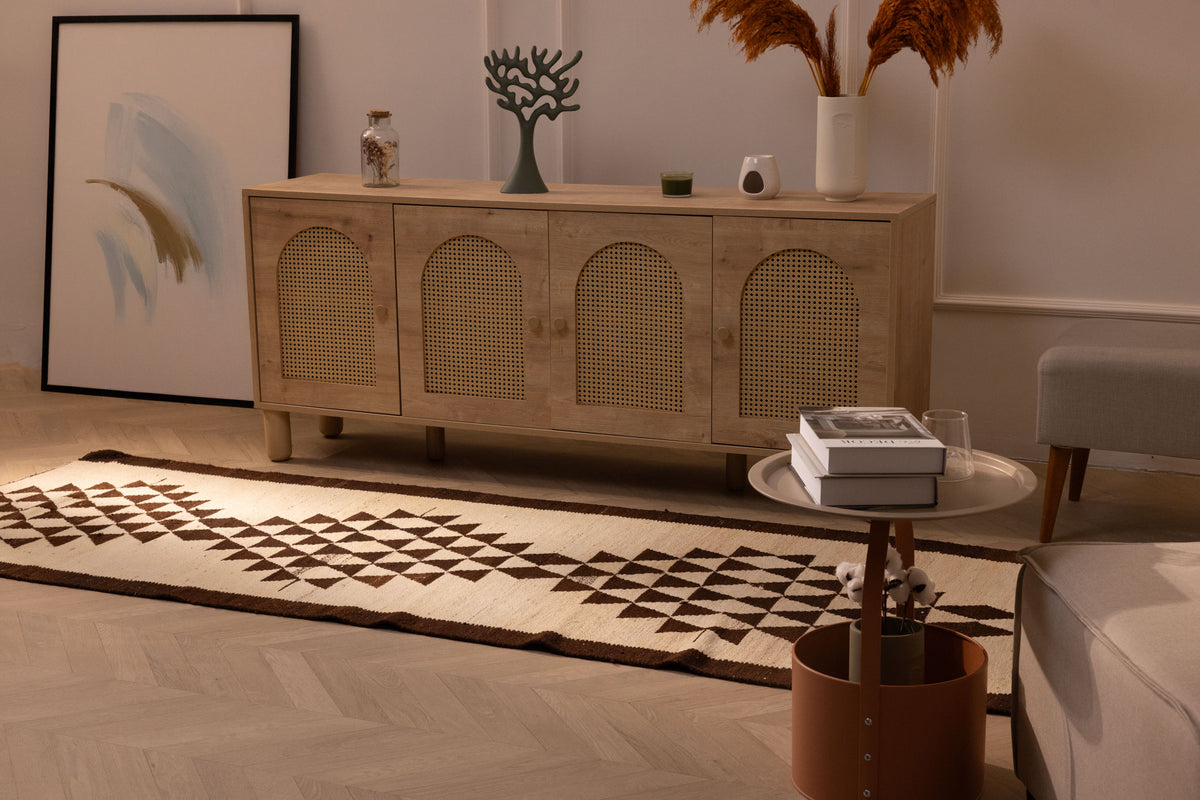 Handmade white and brown geometric Persian-style runner rug in wool and cotton blend for farmhouse decor.