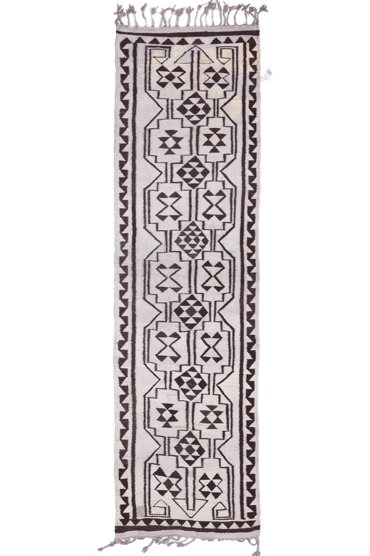 Handmade 3x11 ft gray and brown wool-cotton Persian kilim runner with geometric farmhouse patterns.