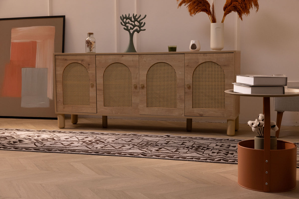 Handmade 3x11 ft gray and brown wool-cotton Persian kilim runner with geometric patterns in a farmhouse living room.