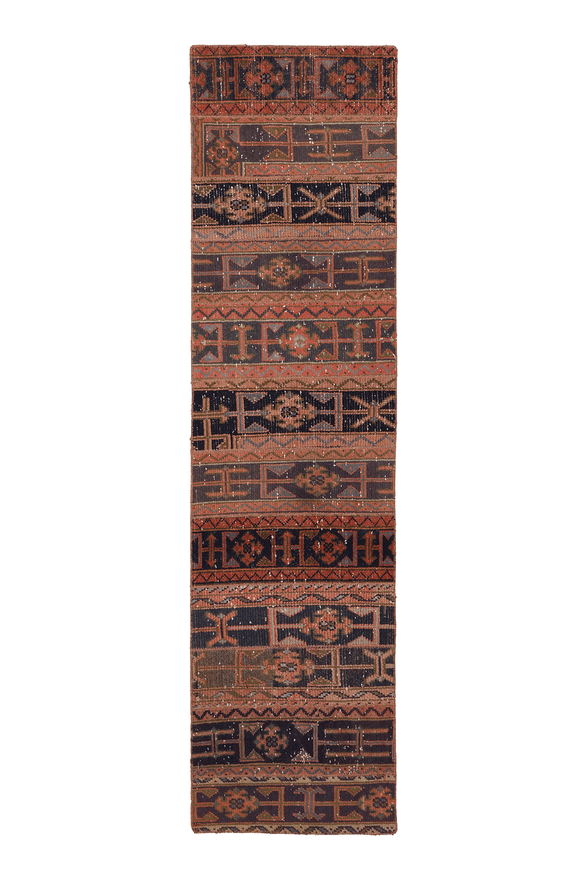Vintage Malatya Turkish Runner Rug 2x8 ft — Brown & Red Patchwork