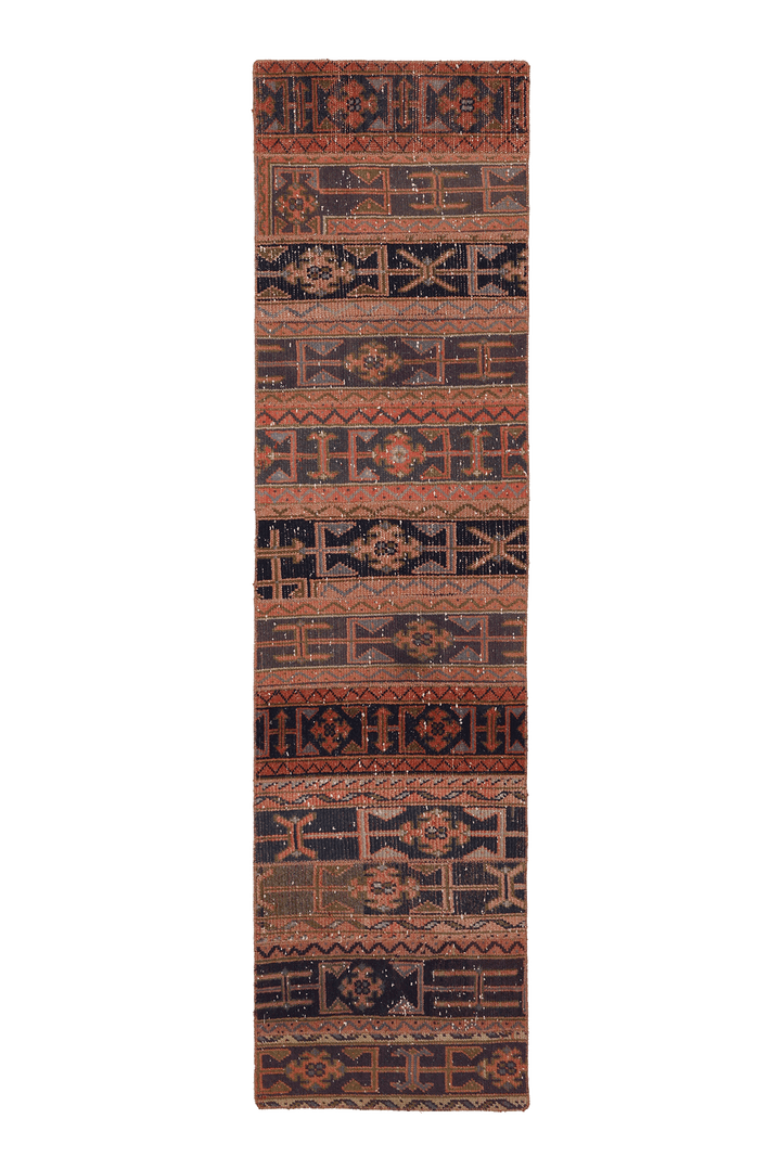 Vintage Malatya Turkish Runner Rug 2x8 ft — Brown & Red Patchwork