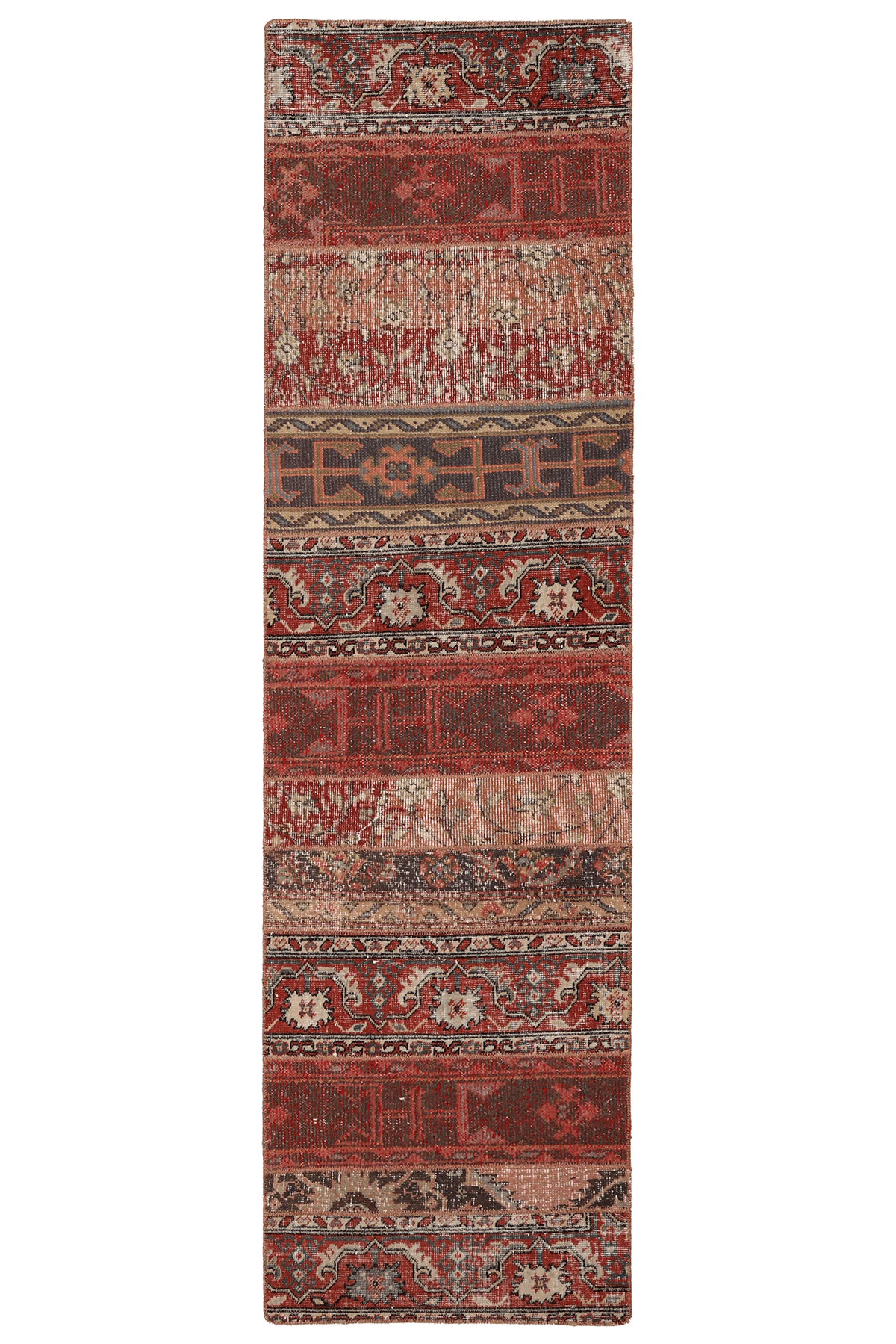 Vintage Malatya Turkish Runner Rug 2x8 ft — Red & Brown Patchwork