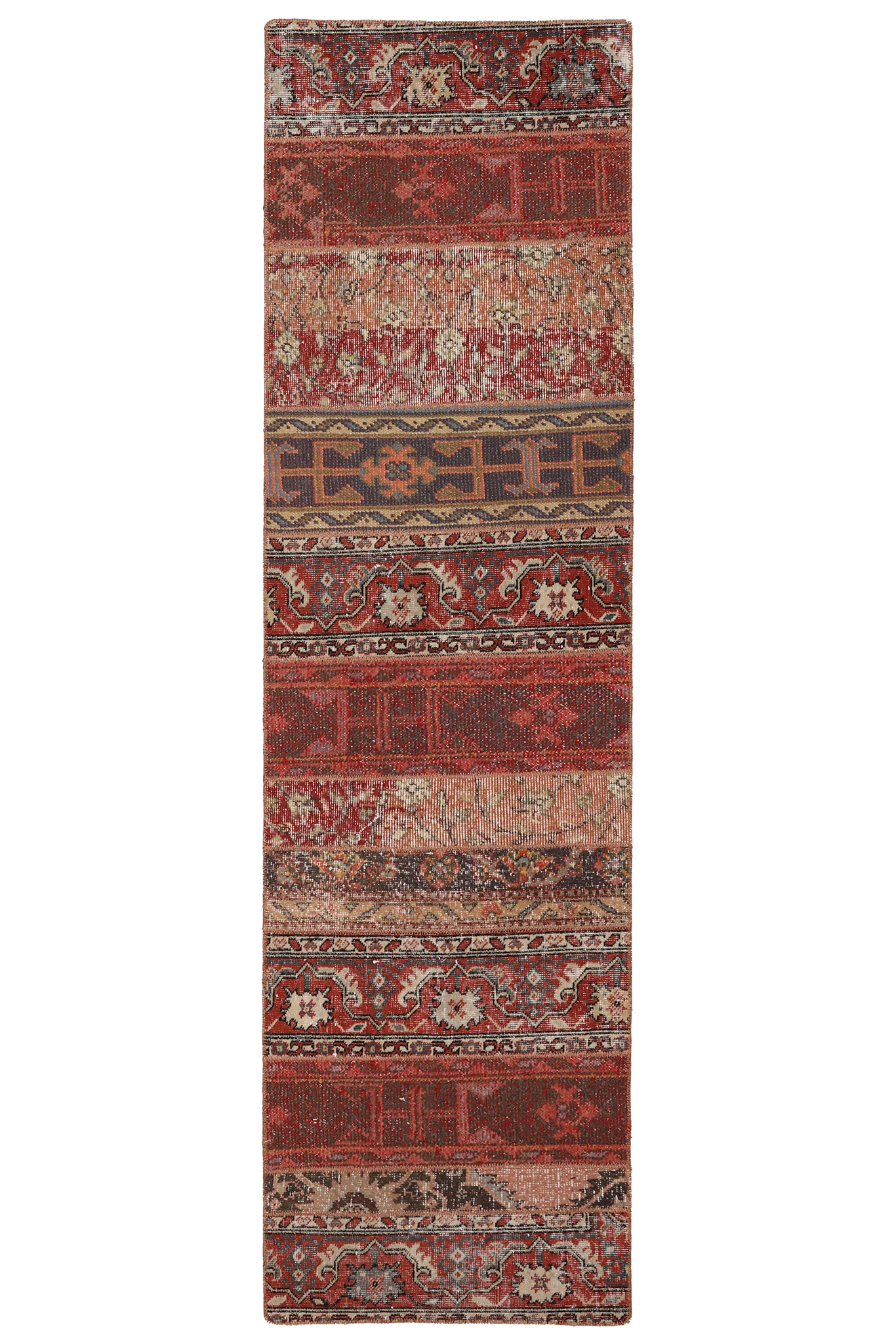 Vintage Malatya Turkish Runner Rug 2x8 ft — Red & Brown Patchwork
