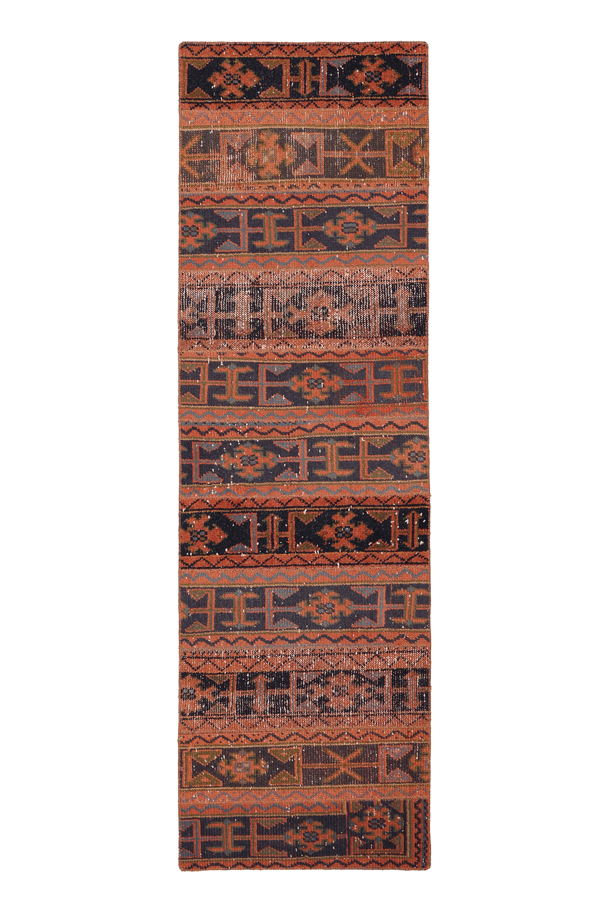 Vintage Malatya Turkish Runner Rug 2x7 ft — Orange & Brown Patchwork