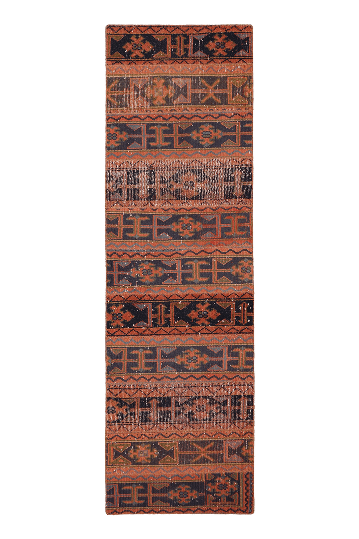 Vintage Malatya Turkish Runner Rug 2x7 ft — Orange & Brown Patchwork
