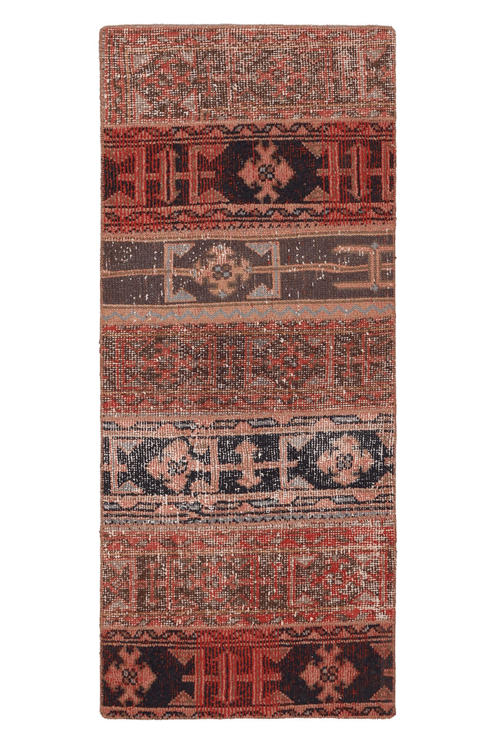 Vintage Konya Turkish Runner Rug 2x5 ft — Red & Brown Patchwork
