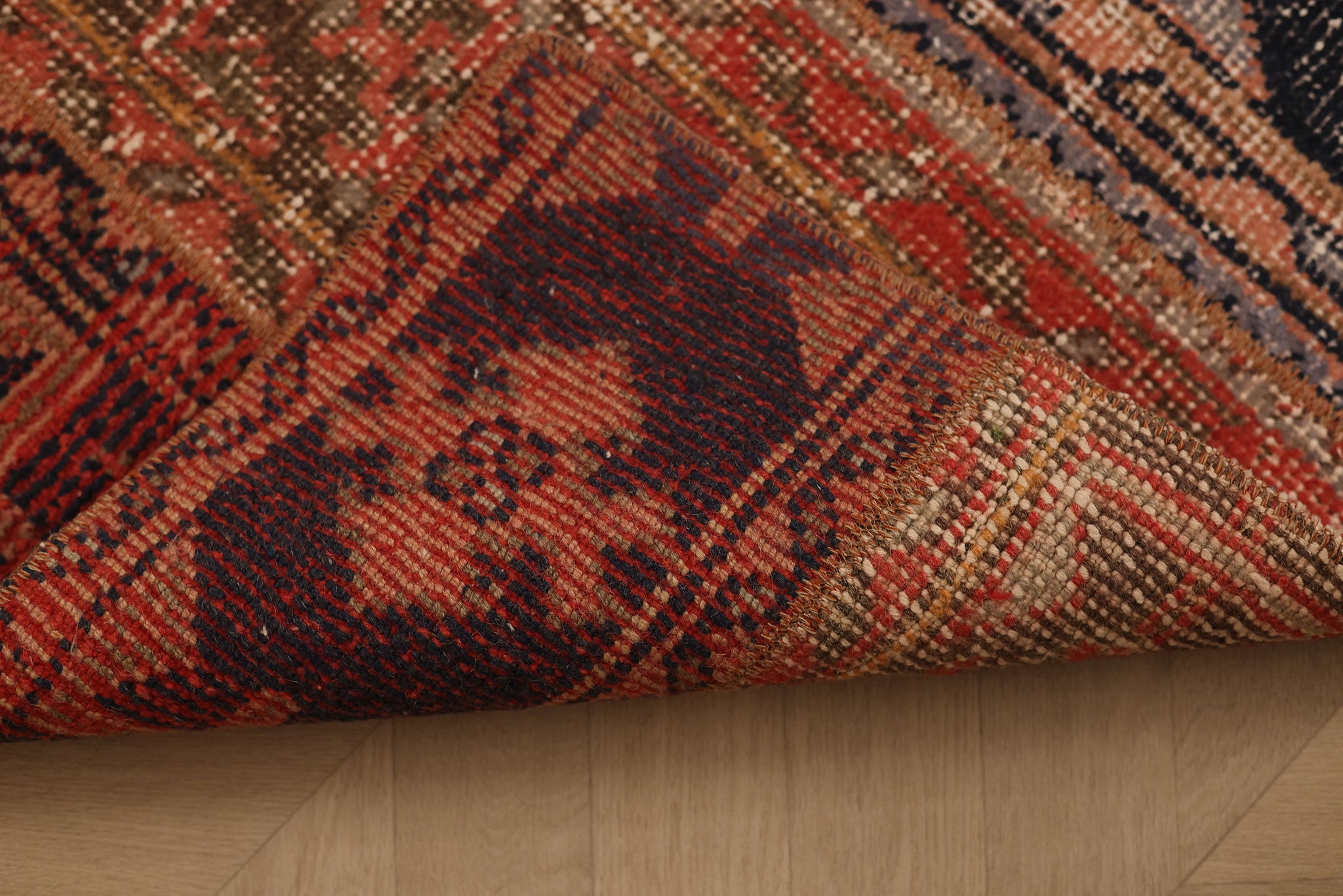 Vintage Konya Turkish Runner Rug 2x5 ft — Red & Brown Patchwork