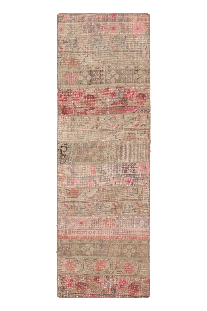 Vintage Malatya Turkish Runner Rug 2x6 ft — Beige & Pink Patchwork