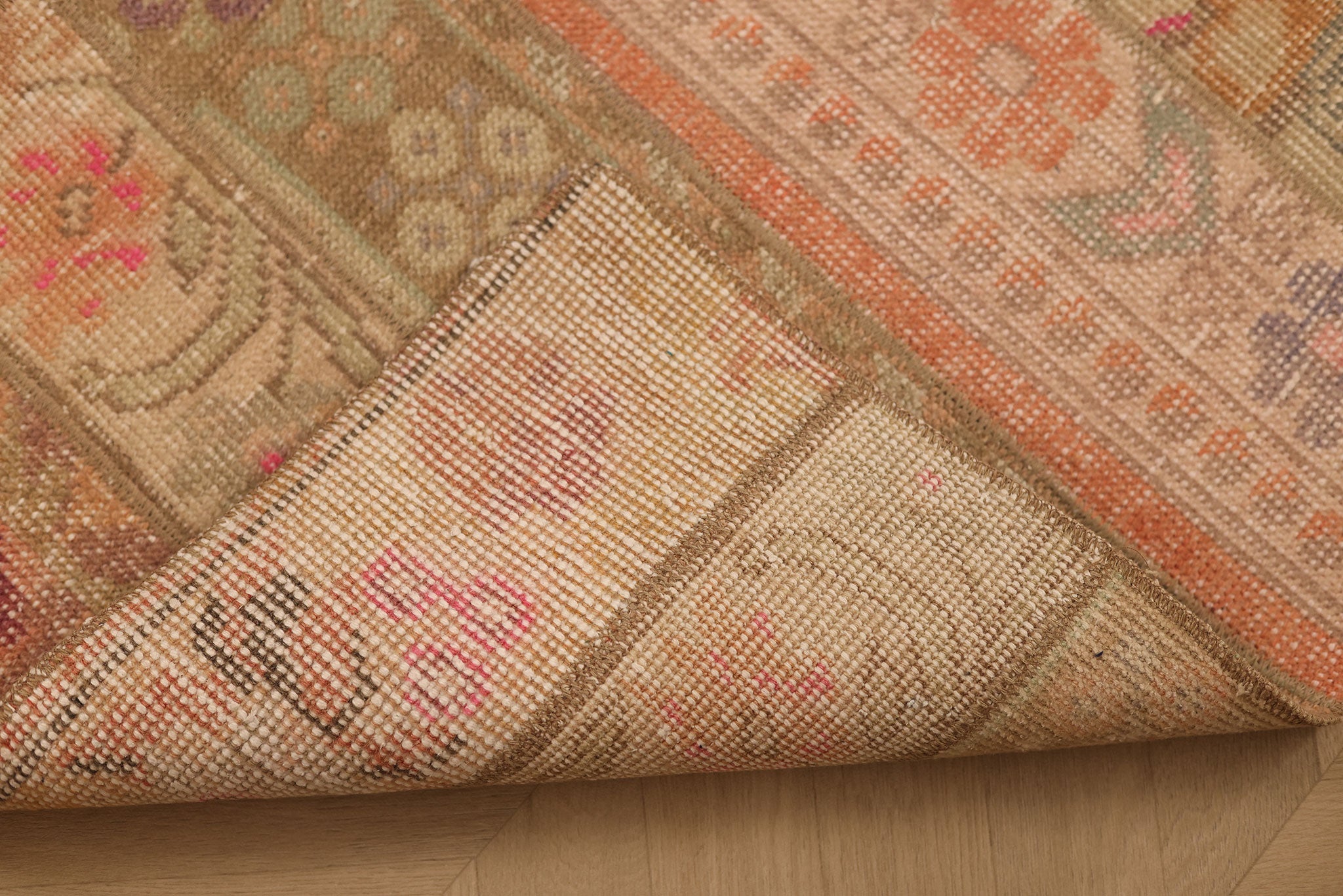 Vintage Malatya Turkish Runner Rug 2x6 ft — Beige & Pink Patchwork