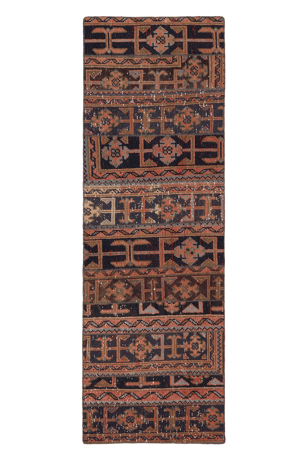 Vintage Konya Turkish Runner Rug 2x6 ft — Brown & Red Geometric