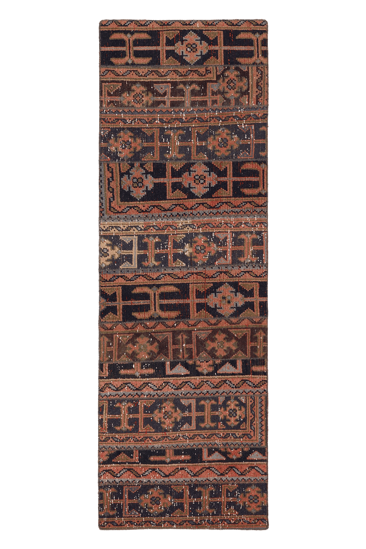 Vintage Konya Turkish Runner Rug 2x6 ft — Brown & Red Geometric