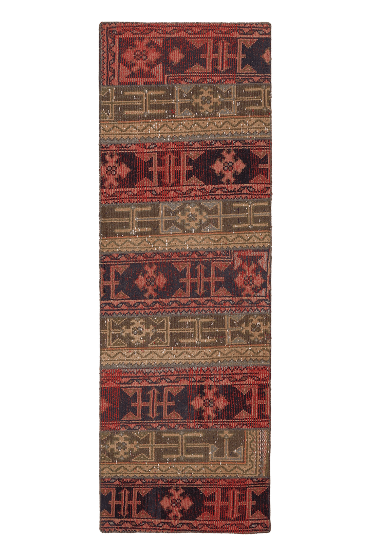 Vintage Konya Turkish Runner Rug 2x6 ft — Red & Brown Geometric (No. 52584)