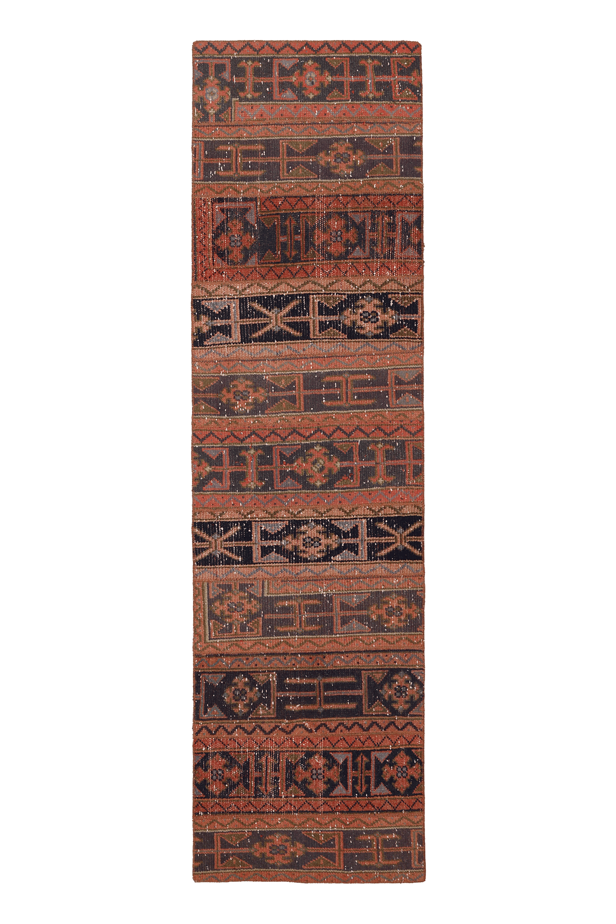 Vintage Konya Turkish Runner Rug 2x8 ft — Red & Brown Geometric