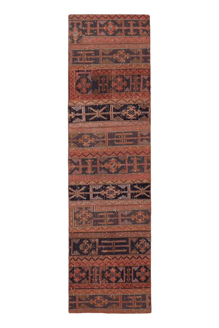 Vintage Konya Turkish Runner Rug 2x8 ft — Red & Brown Geometric