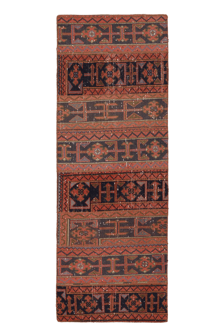 Vintage Konya Turkish Runner Rug 2x6 ft — Red & Brown Geometric