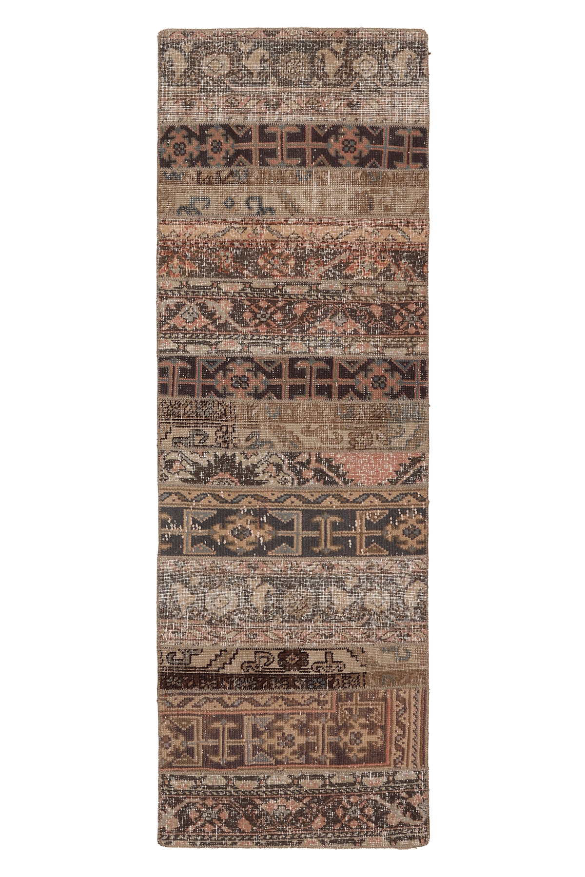 Vintage Malatya Turkish Runner Rug 2x6 ft — Brown & Beige Patchwork