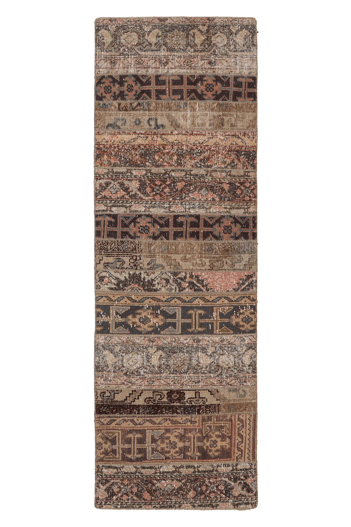 Vintage Malatya Turkish Runner Rug 2x6 ft — Brown & Beige Patchwork