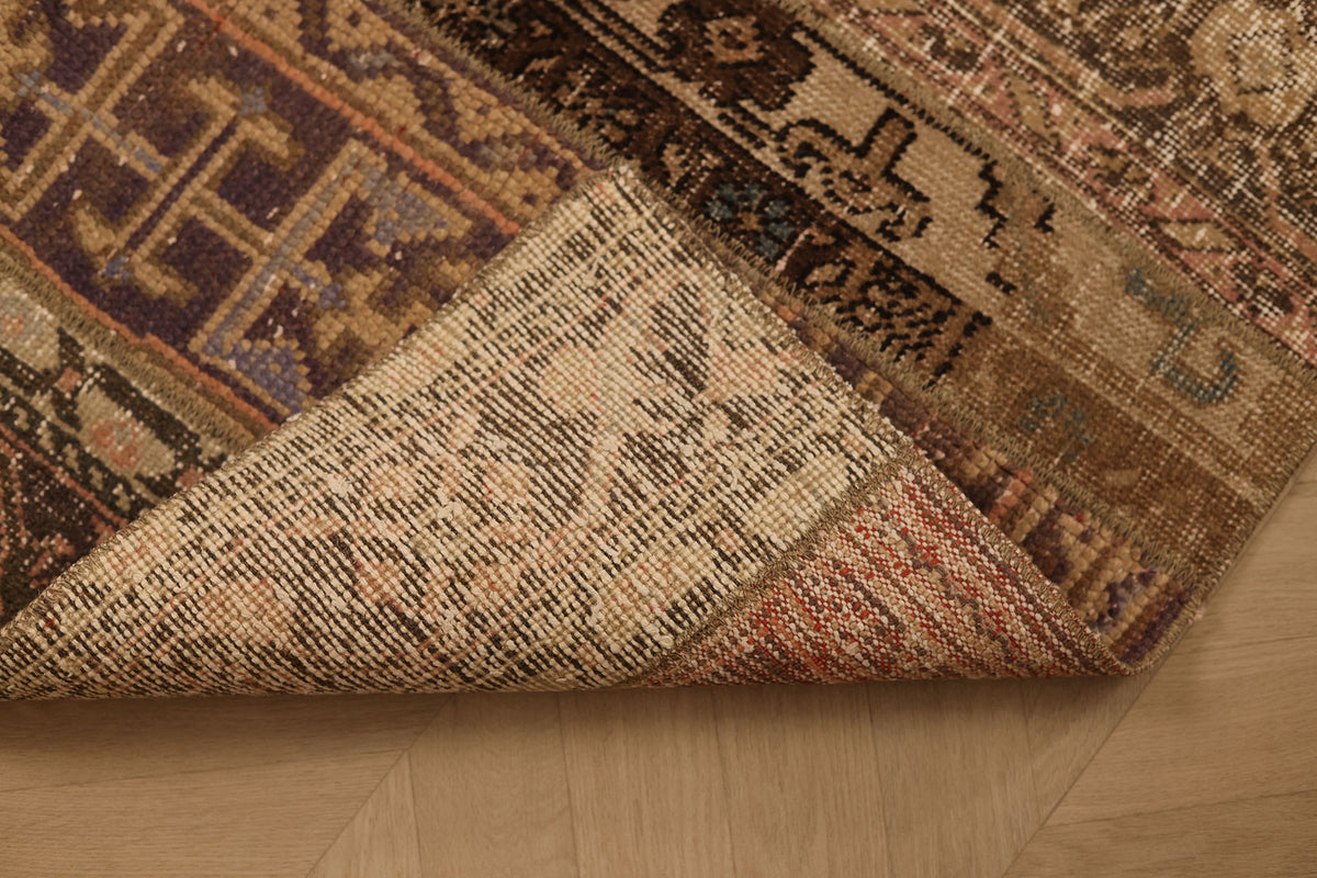 Vintage Malatya Turkish Runner Rug 2x6 ft — Brown & Beige Patchwork