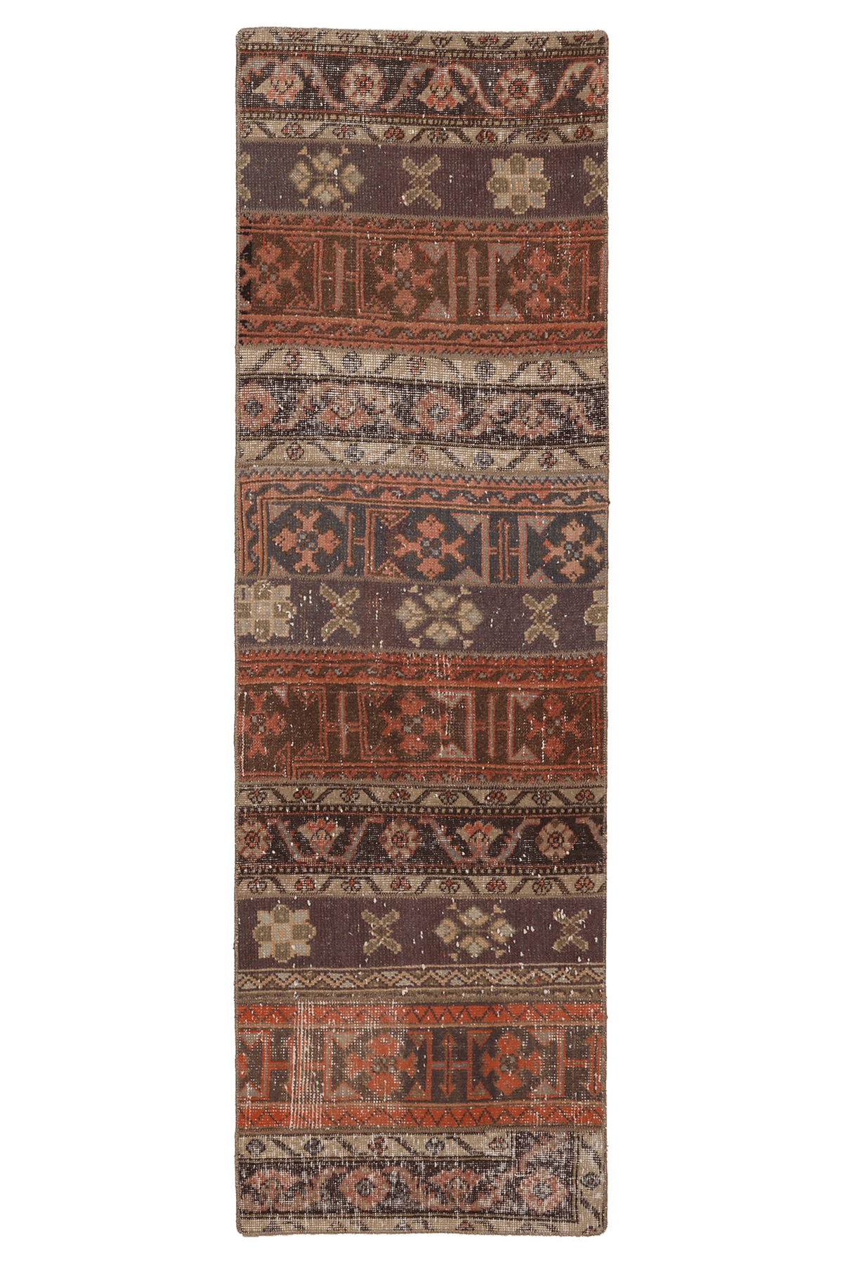 Vintage Malatya Turkish Runner Rug 2x7 ft — Brown & Red Patchwork (No. 52591)