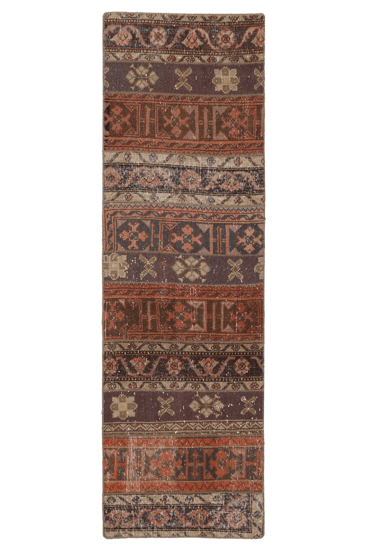 Vintage Malatya Turkish Runner Rug 2x7 ft — Brown & Red Patchwork (No. 52591)
