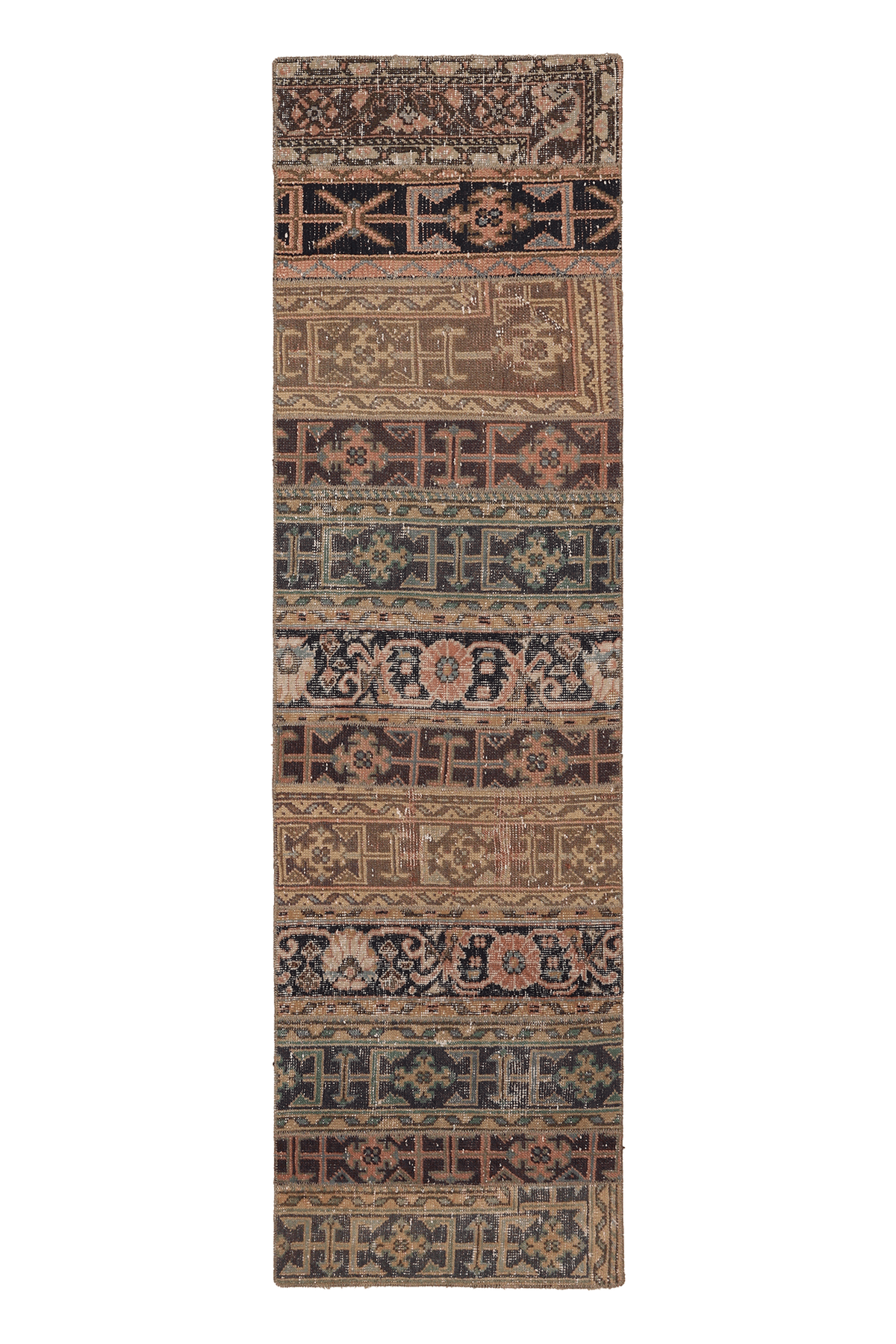 Vintage Malatya Turkish Runner Rug 2x7 ft — Brown & Beige Patchwork