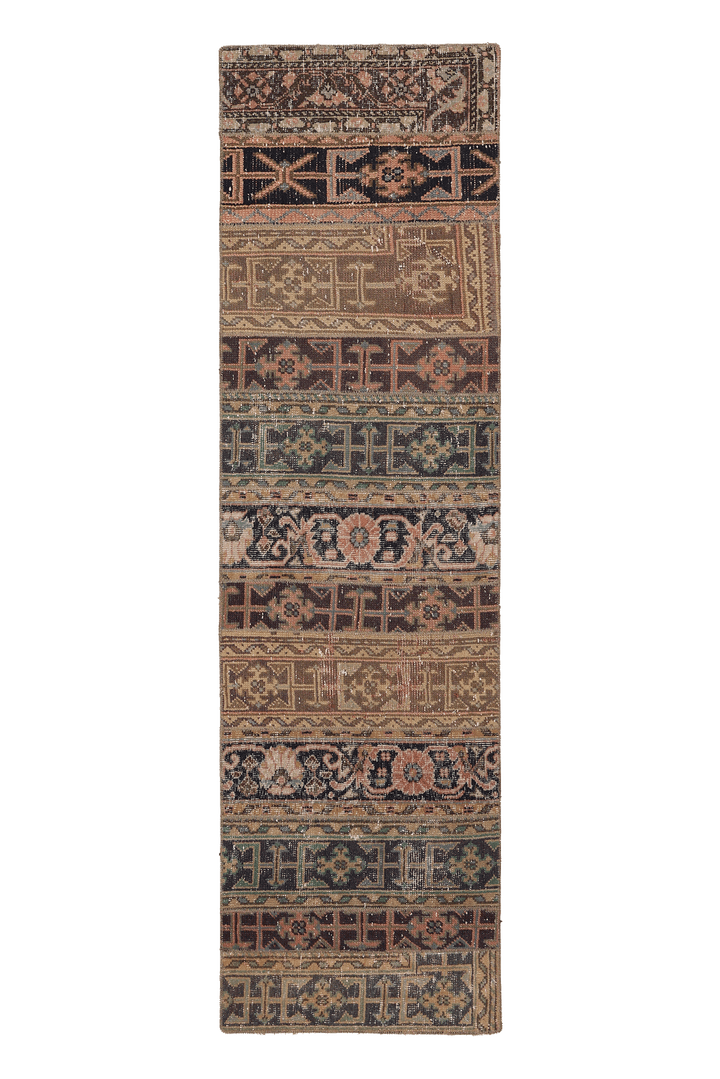 Vintage Malatya Turkish Runner Rug 2x7 ft — Brown & Beige Patchwork