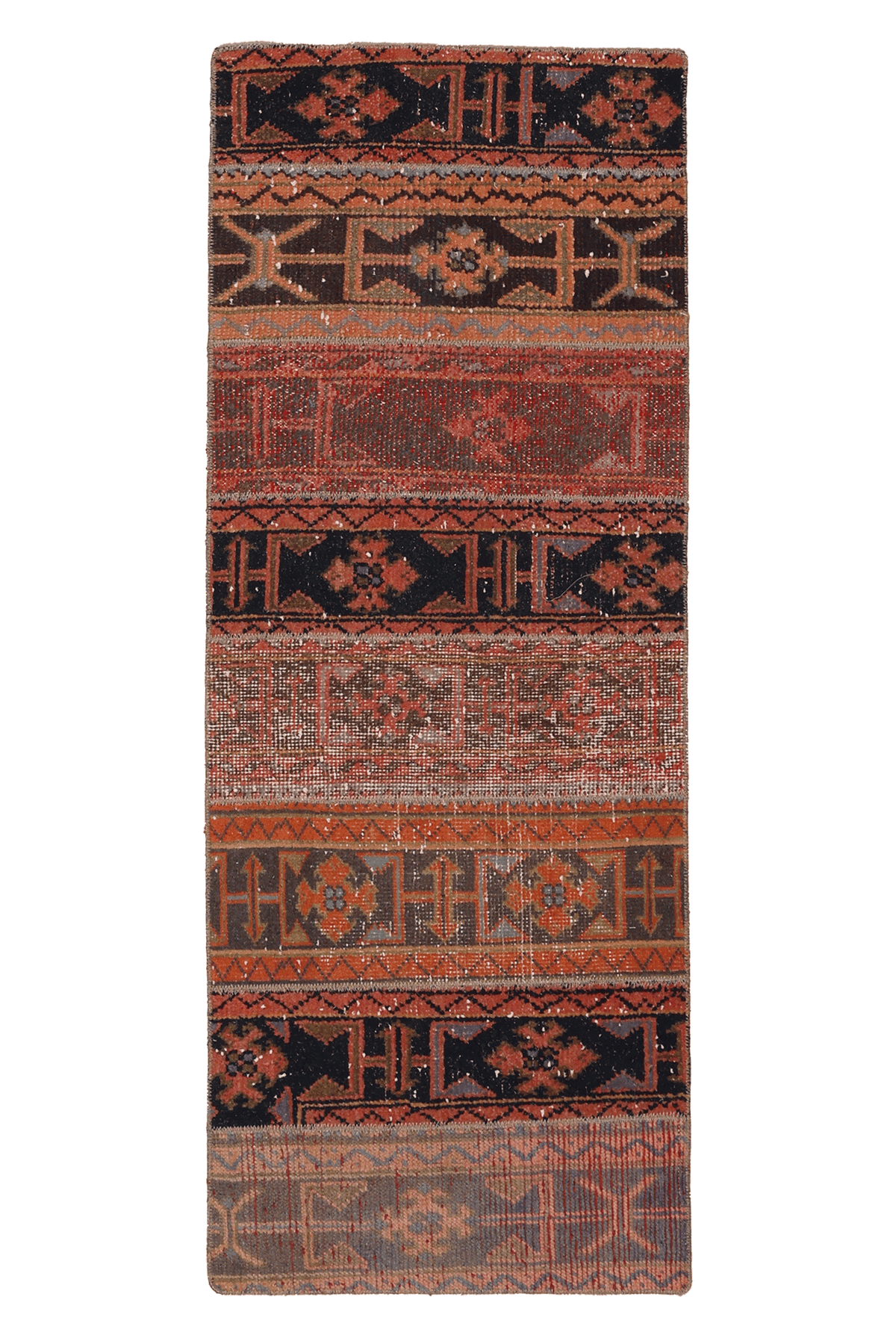 Vintage Konya Turkish Runner Rug 2x5 ft — Orange & Brown Patchwork