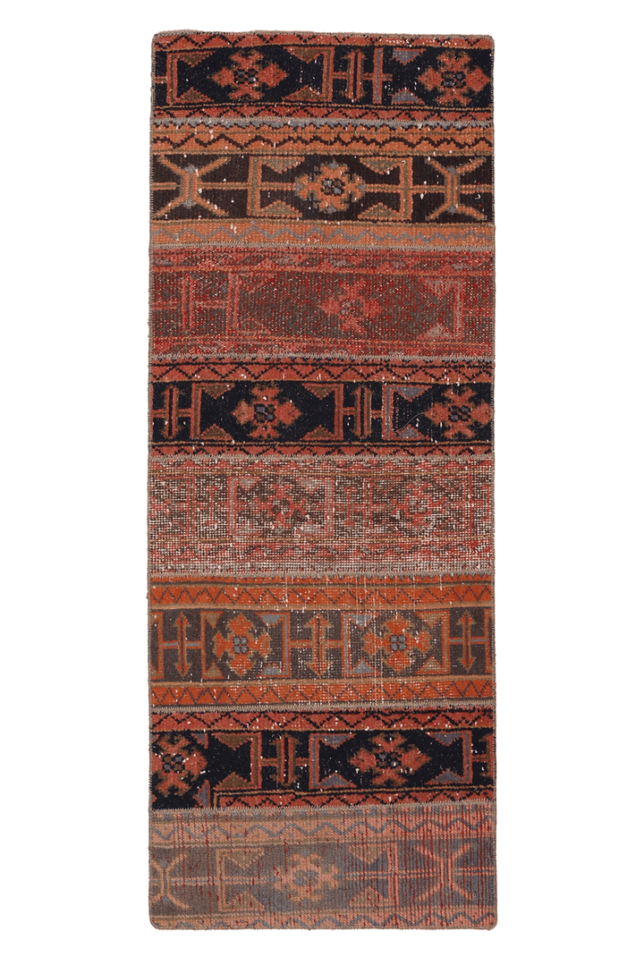 Vintage Konya Turkish Runner Rug 2x5 ft — Orange & Brown Patchwork