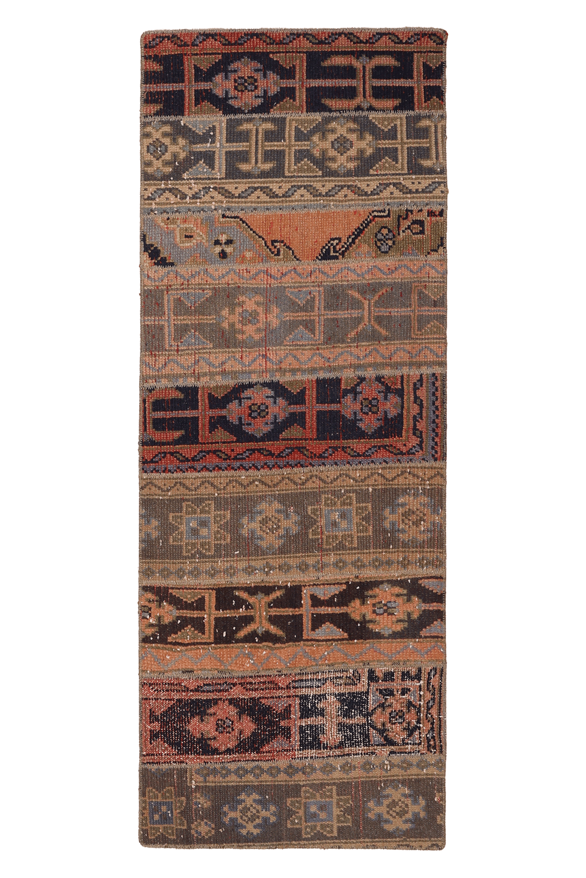Vintage Konya Turkish Runner Rug 2x6 ft — Brown & Orange Patchwork