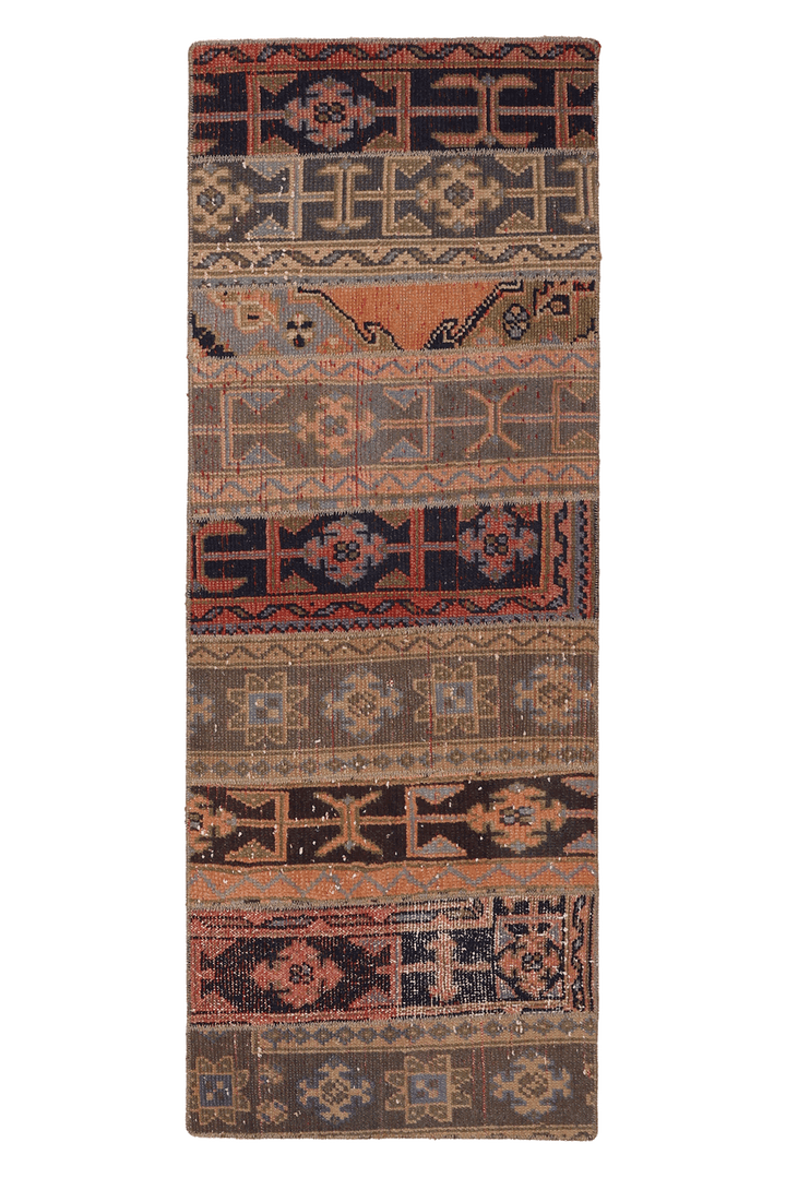 Vintage Konya Turkish Runner Rug 2x6 ft — Brown & Orange Patchwork