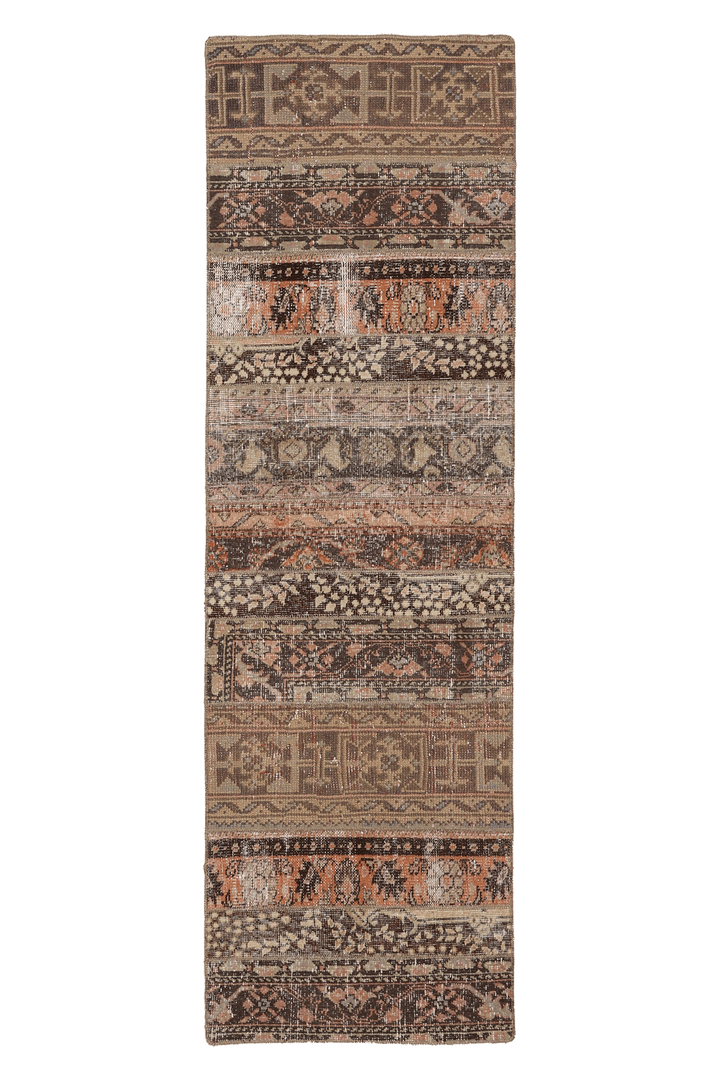 Vintage Malatya Turkish Runner Rug 2x7 ft — Brown & Orange Patchwork