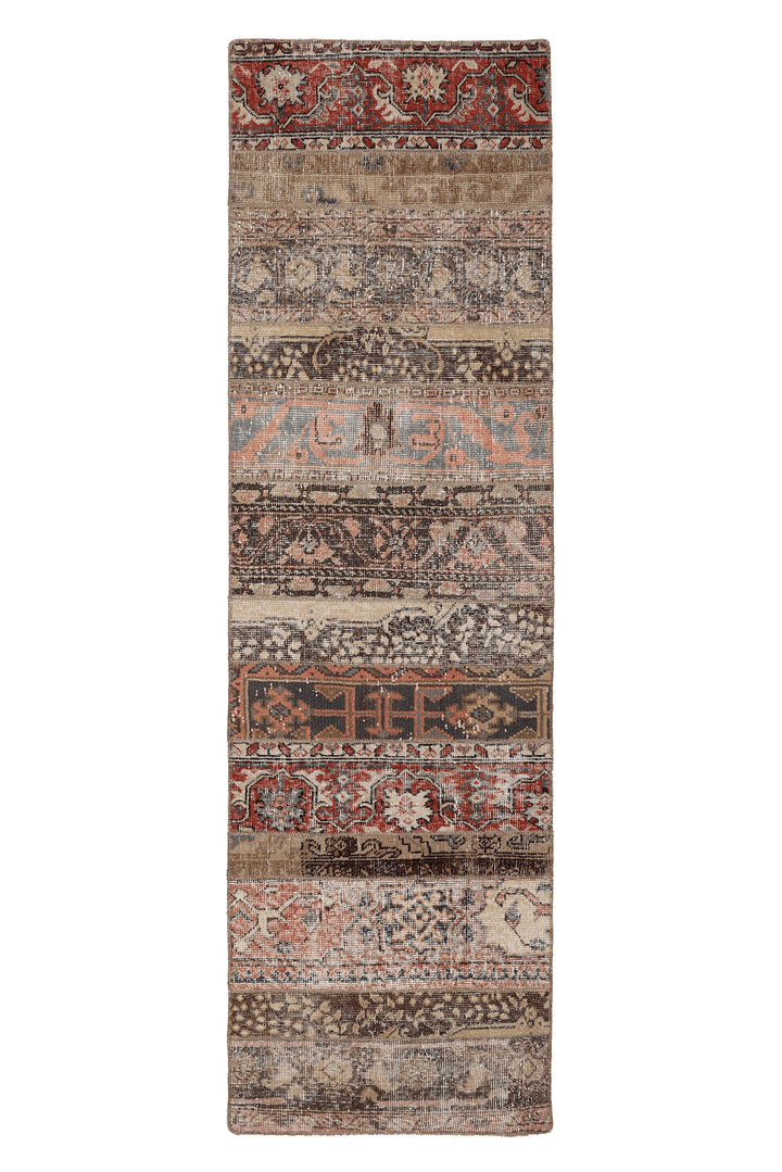 Vintage Malatya Turkish Runner Rug 2x7 ft — Brown & Red Patchwork
