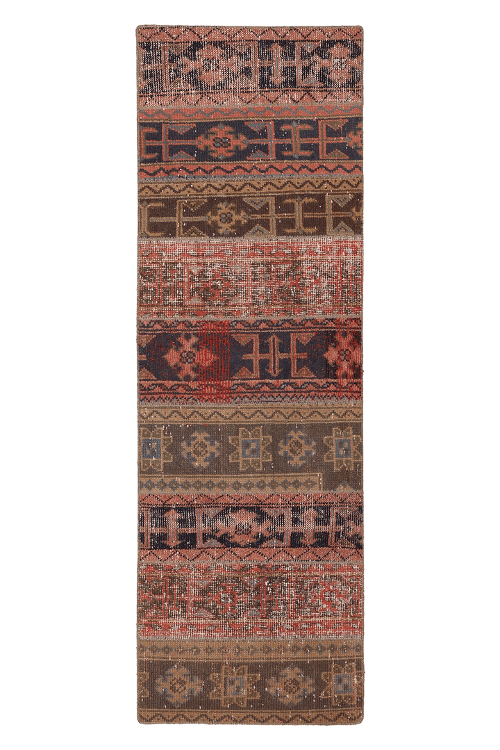 Vintage Malatya Turkish Runner Rug 2x6 ft — Brown & Red Patchwork