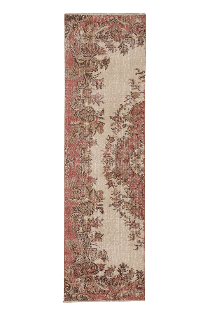 Vintage Isparta Turkish Runner Rug 2x8 ft — Beige & Red Floral