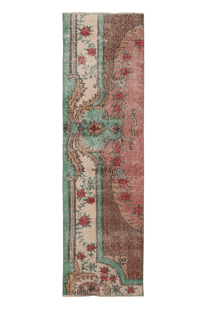 Vintage Isparta Turkish Runner Rug 2x8 ft — Green & Orange Floral