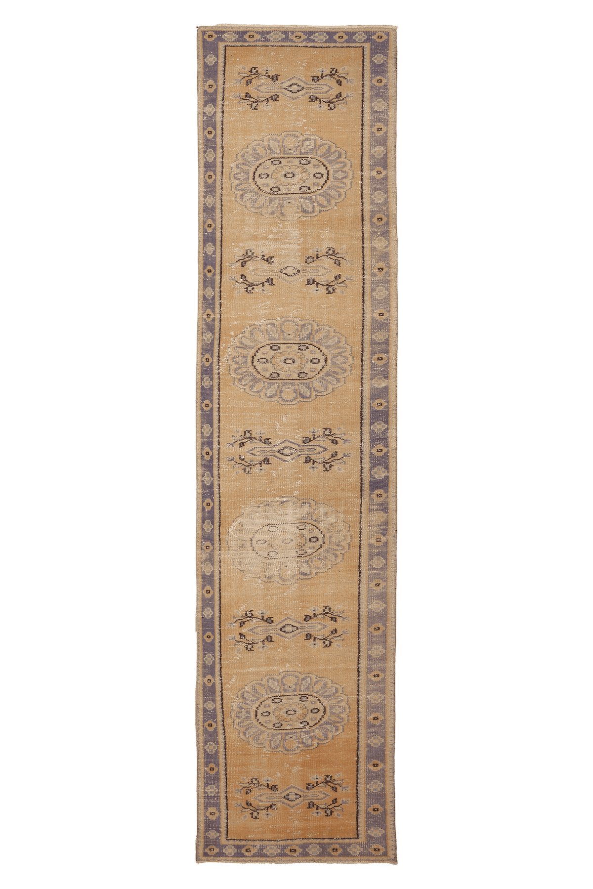 Vintage Manisa Turkish Runner Rug 3x12 ft — Beige & Blue Floral