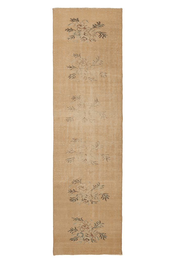 Vintage Isparta Turkish Runner Rug 3x10 ft — Beige & Brown Floral