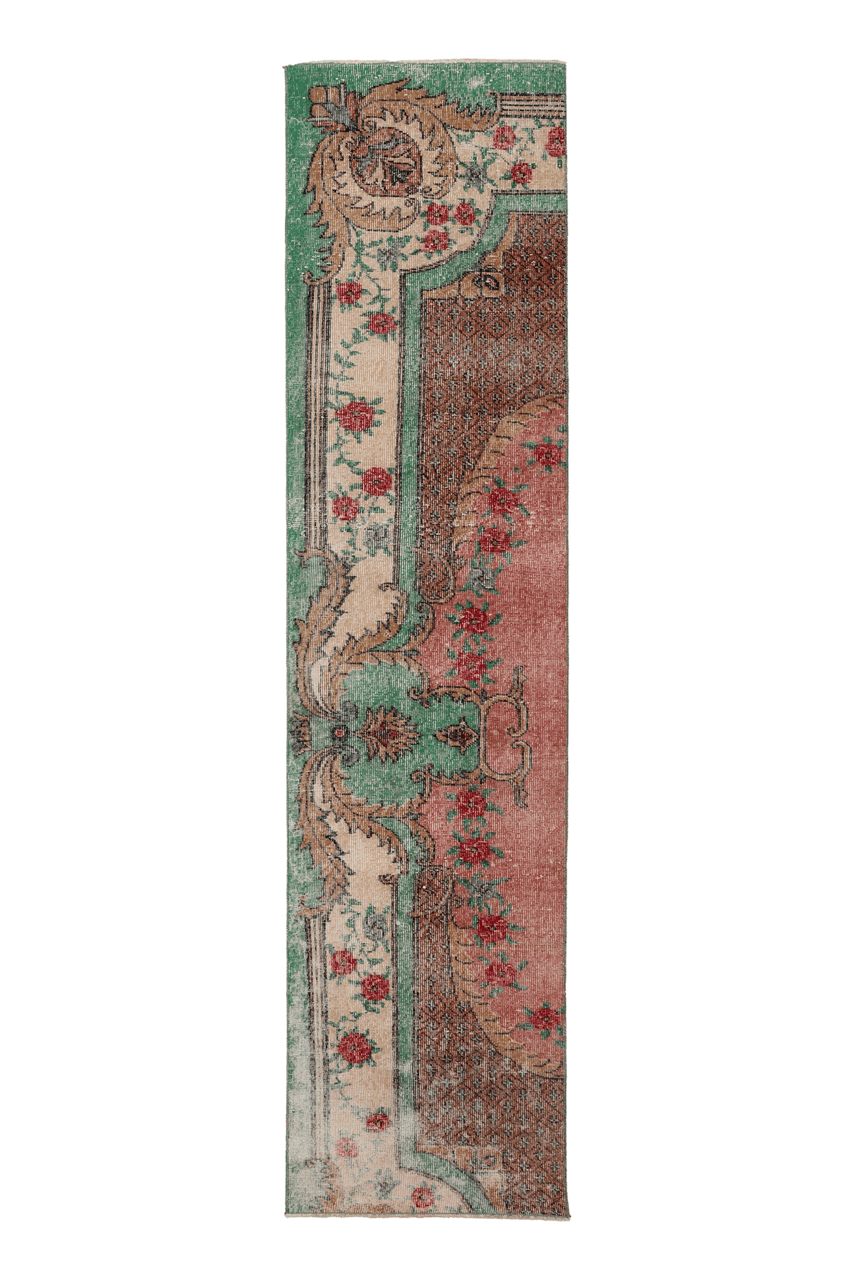 Vintage Isparta Turkish Runner Rug 2x9 ft — Green & Red Floral