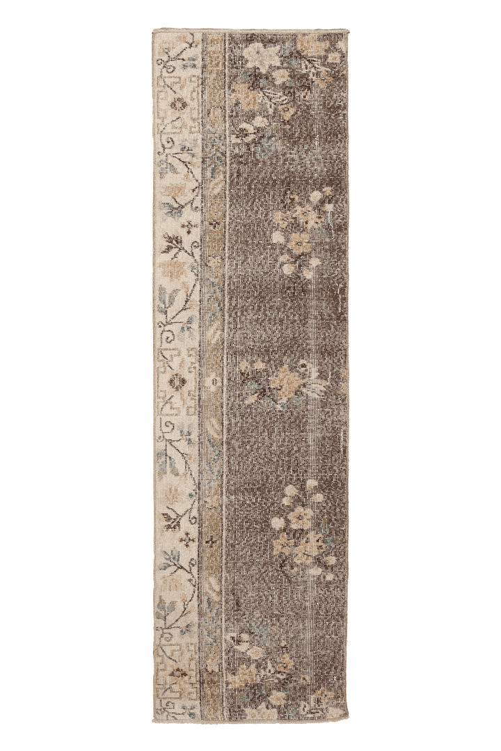 Vintage Isparta Turkish Runner Rug 2x7 ft — Brown & Beige Floral