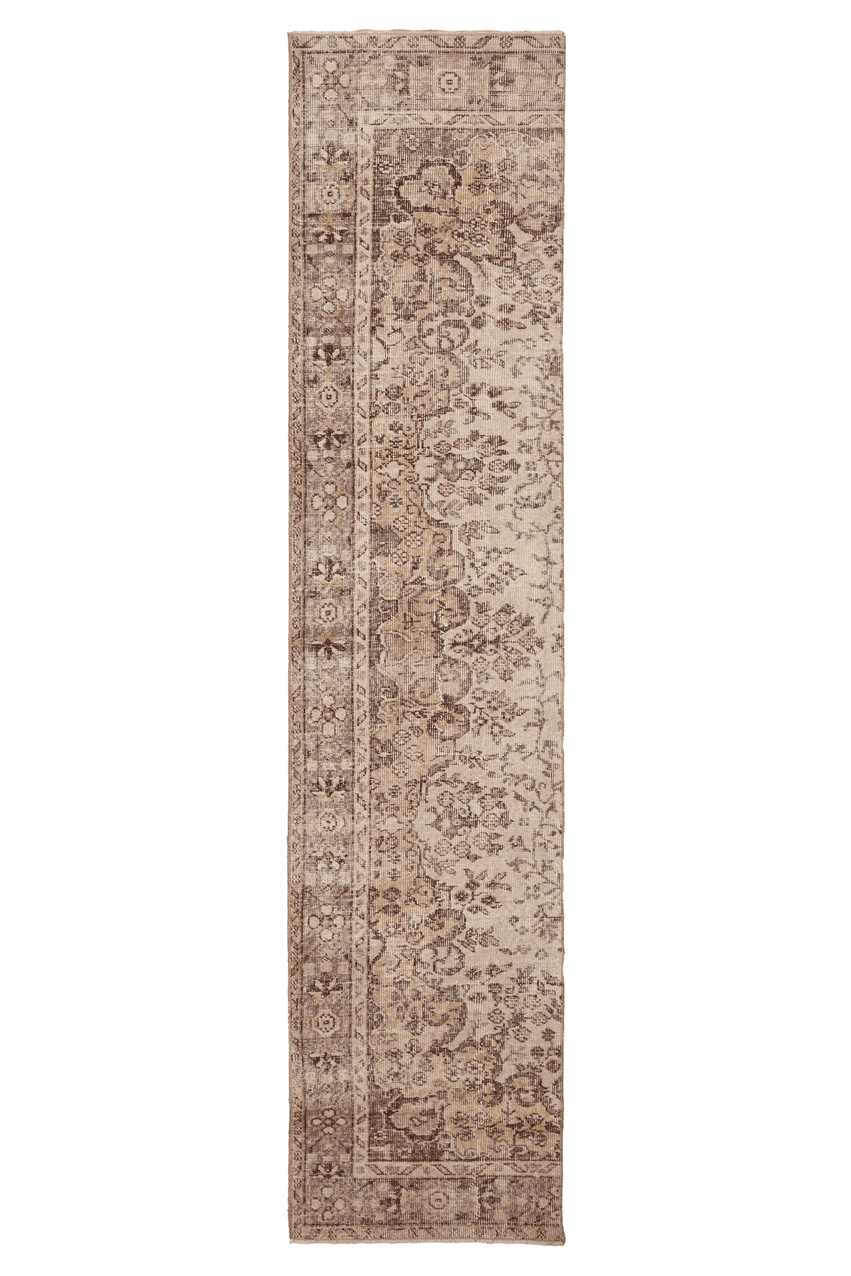 Vintage Isparta Turkish Runner Rug 2x10 ft — Beige & Brown Floral