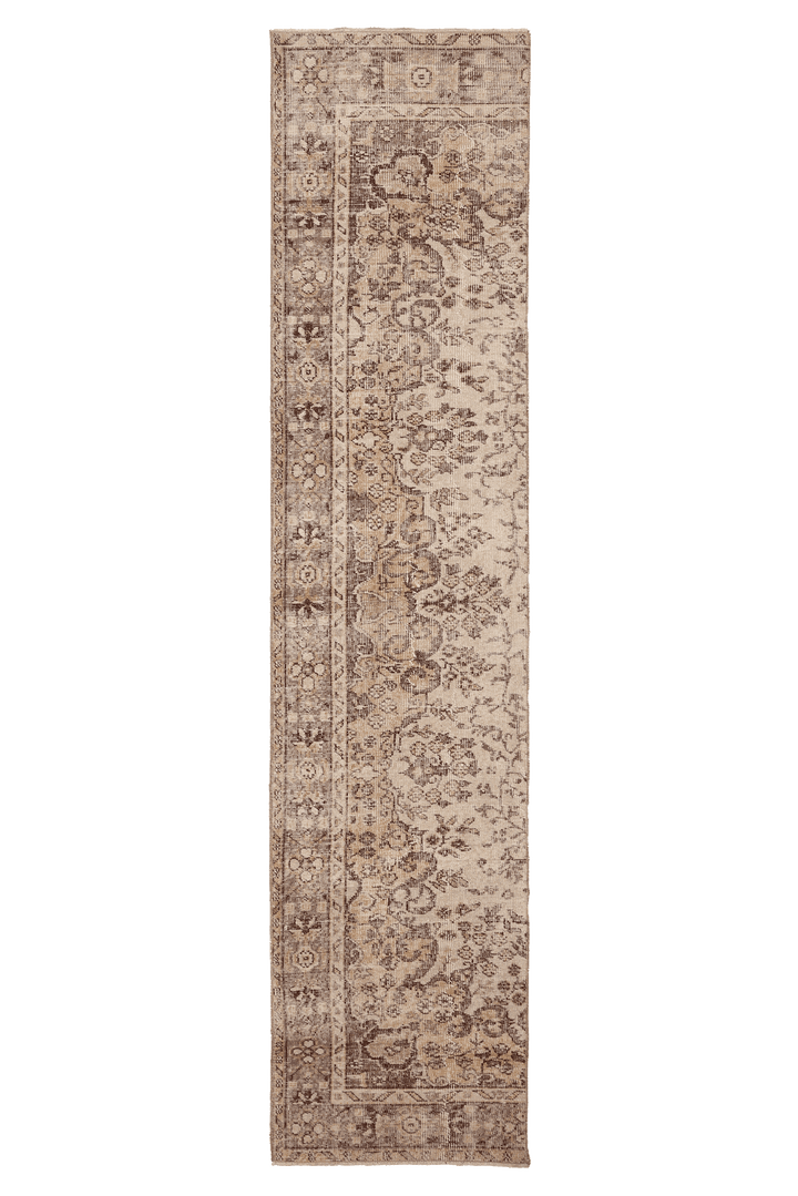 Vintage Isparta Turkish Runner Rug 2x10 ft — Beige & Brown Floral