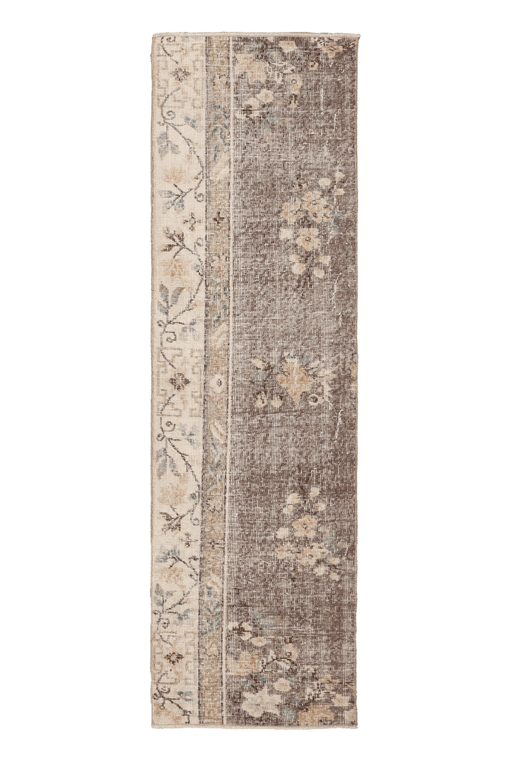 Vintage Isparta Turkish Runner Rug 2x7 ft — Brown & Beige Floral