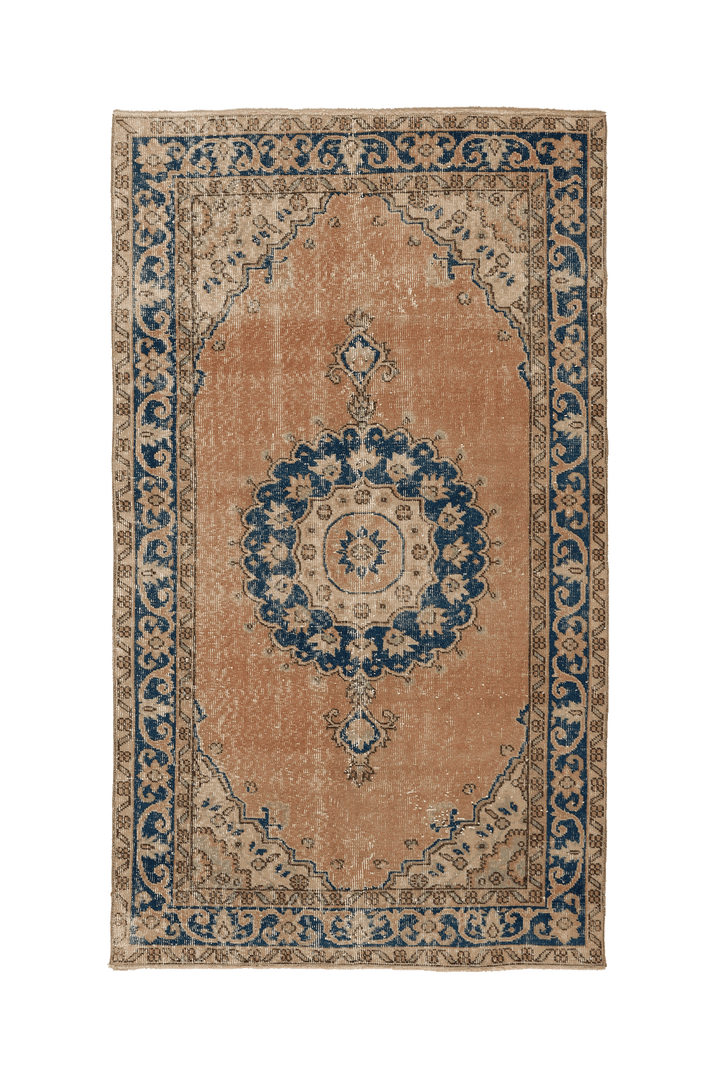 Vintage Isparta Turkish Area Rug 4x7 ft — Orange & Blue Floral