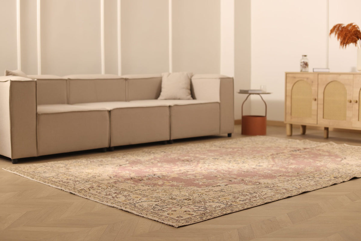 Vintage Isparta Turkish Area Rug 7x10 ft — Beige & Brown Floral