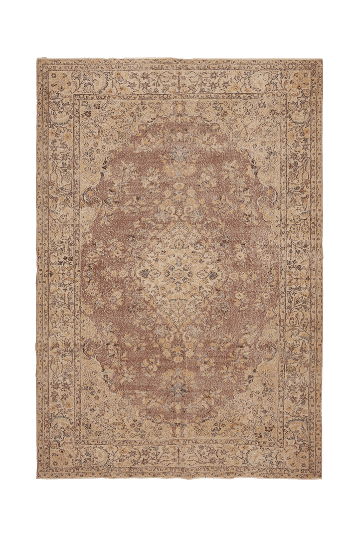 Vintage Isparta Turkish Area Rug 7x10 ft — Beige & Brown Floral