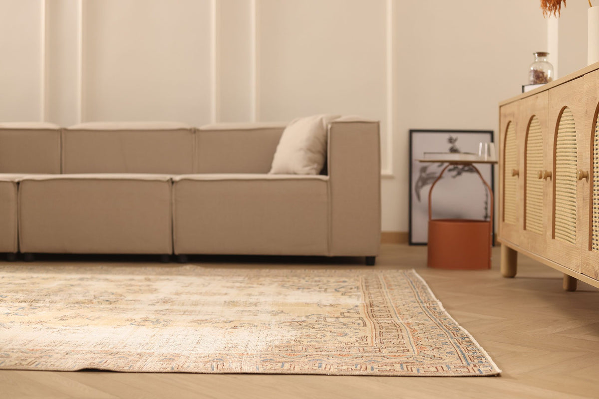 Vintage Isparta Turkish Area Rug 7x10 ft — Beige & Brown Floral