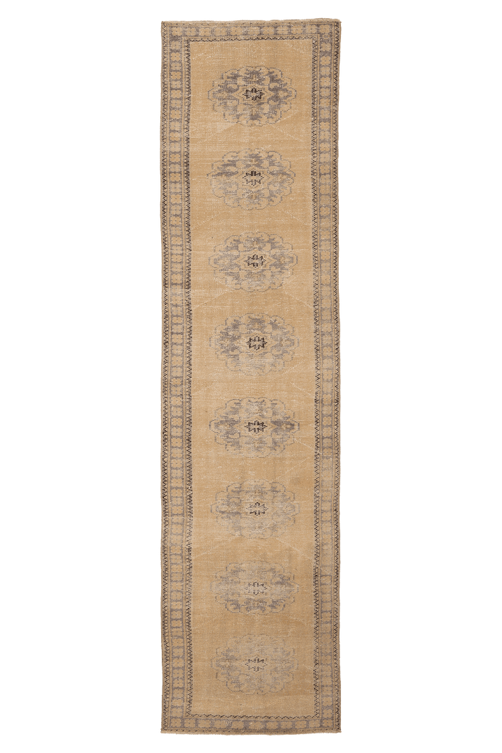 Vintage Manisa Turkish Runner Rug 3x11 ft — Beige & Gray Geometric